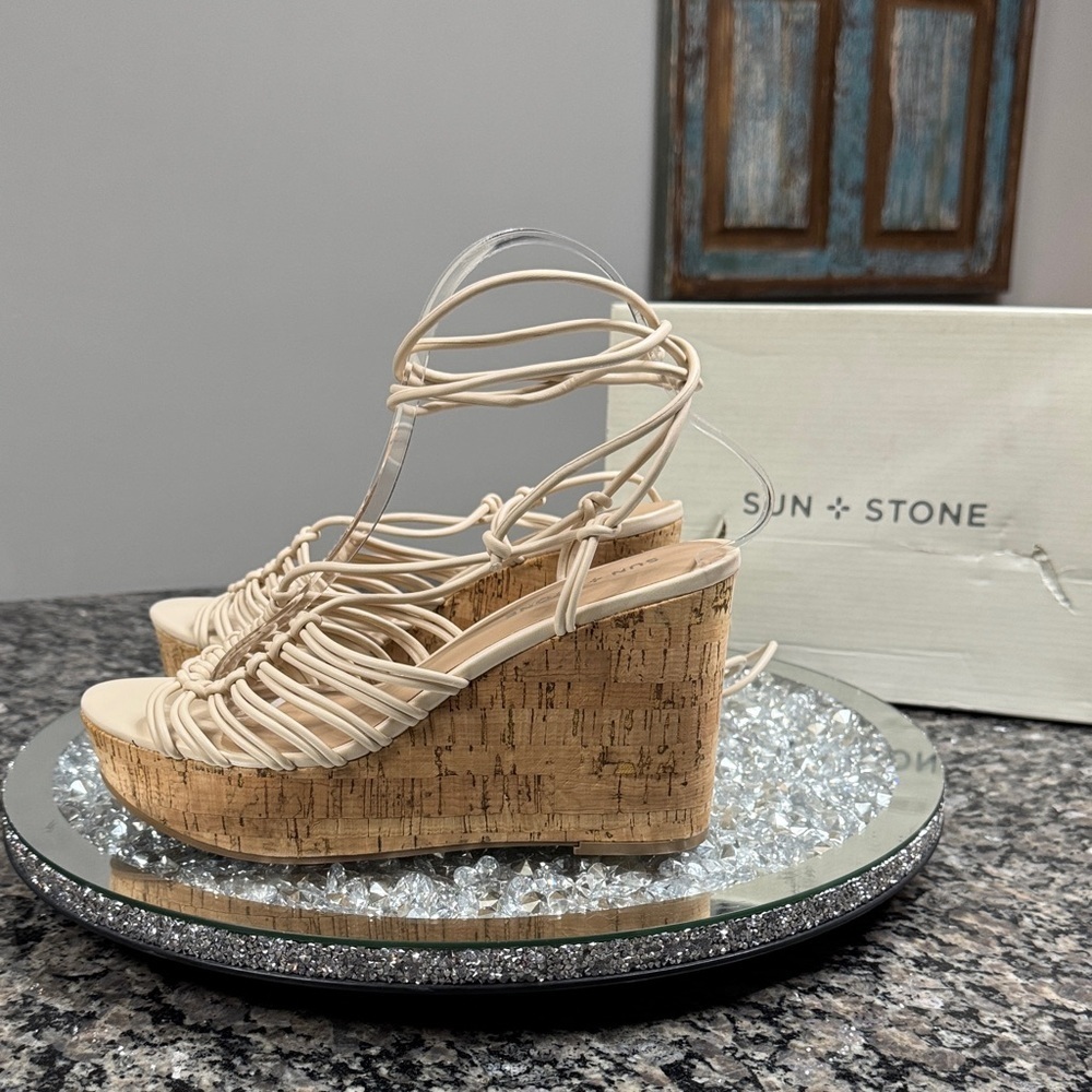 Sun + Stone eggshell Tilly Beige Strappy Lace Up cork Wedge Sandals NEW 7.5
